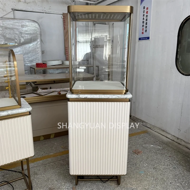 custom.Modern Luxury Jewellery Shop Counter Design Glass Wood Jewellery Display Cases Golden Jewelry Showcases