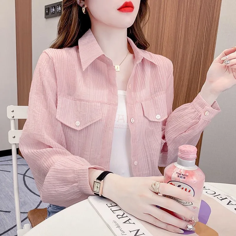 

Commuter Versatile Niche Sun Protection Ice Silk Chiffon Shirt Women's Summer 2024 New Loose Cropped Long-sleeved Top