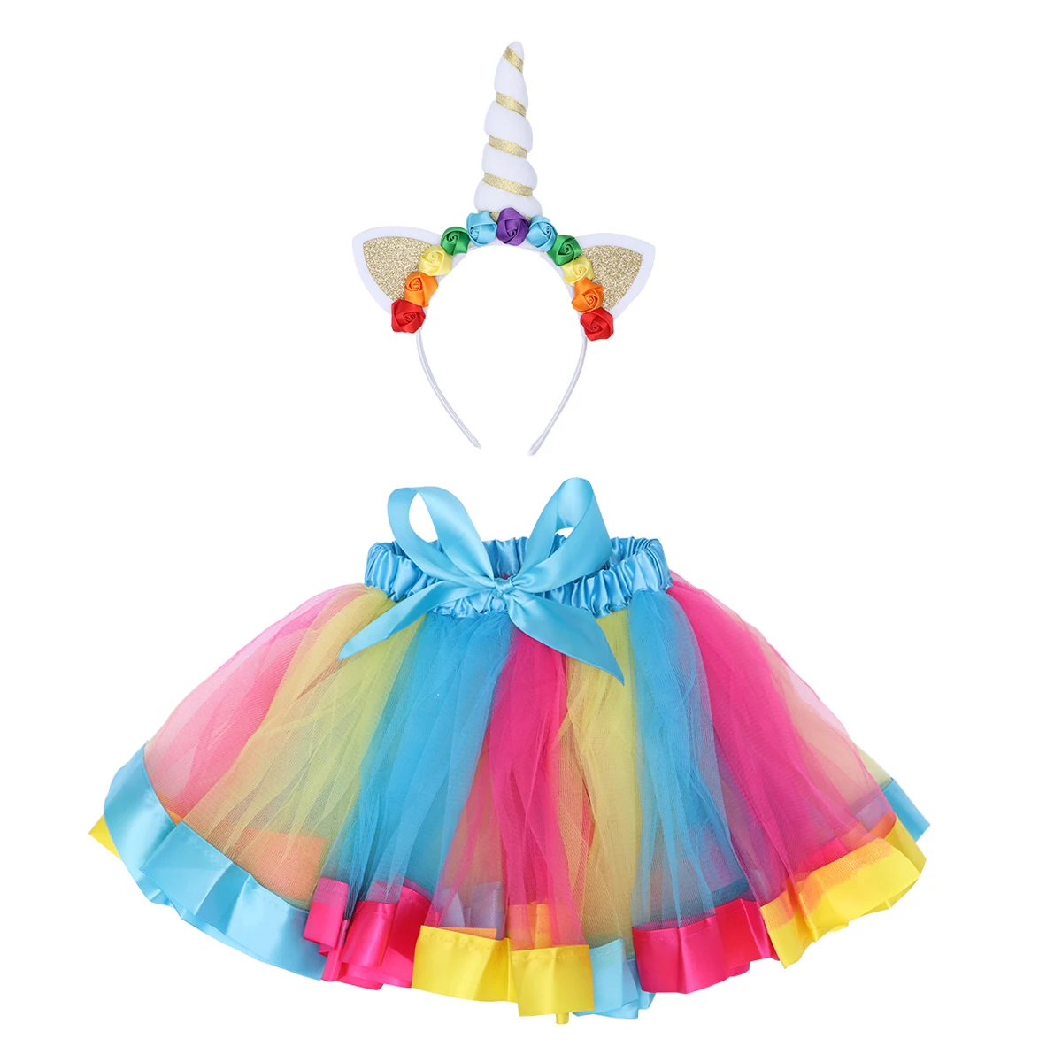 

Головной убор с единорогом, радужная юбка, тюлевая одежда для девочек, многослойная сетка, дышащая эластичная талия, бант, карнавальный костюм