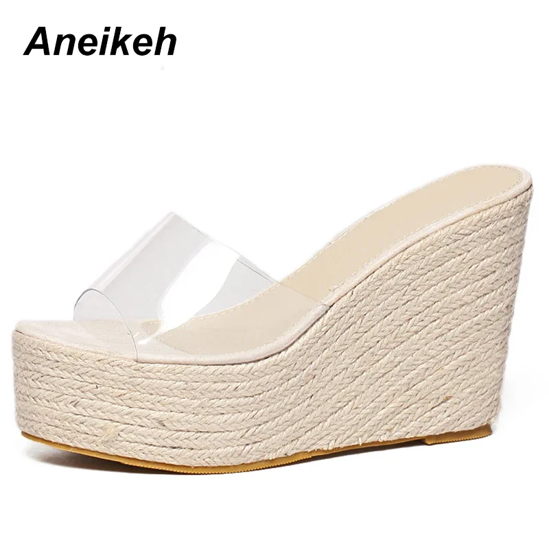 Aneikeh Fashion Summer Women\'s PVC Transparent Slippers Solid Platform Wedges Heels Office Shoes Size 34-40