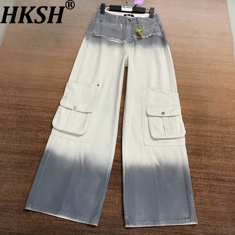 

HKSH весна осень новые женские джинсы градиент с несколькими карманами потертый стиль сафари американская уличная одежда шикарные широкие брюки HK12260