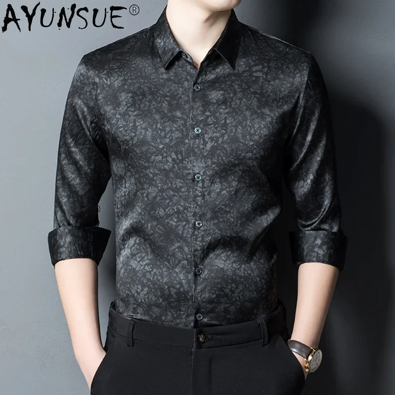 Top Mulberry Silk Shirt Men Clothing 22 Spring Autumn New Male Social Shirt Non-iron Luxury Long Sleeve Black Print Coat Trend