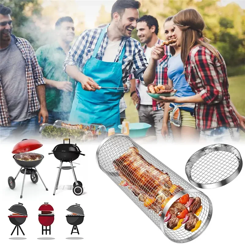 Cesta rodante para barbacoa, rejilla para barbacoa de malla a prueba de fugas de acero inoxidable, Picnic al aire libre, Camping, parrilla cilíndrica Simple para barbacoa