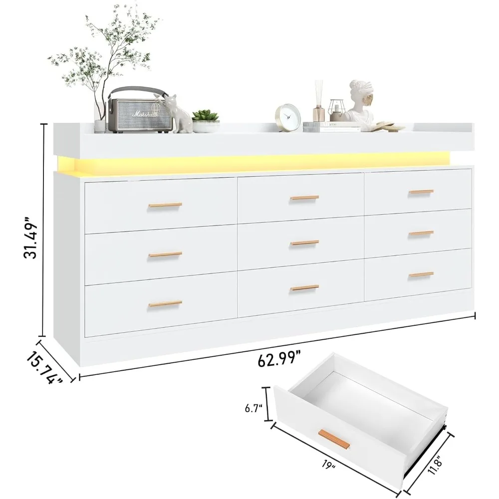 9 Drawer Dresser with Charging Station and LED Lights, Modern Chest of Drawers with Power Outlet, Organizer Dressers