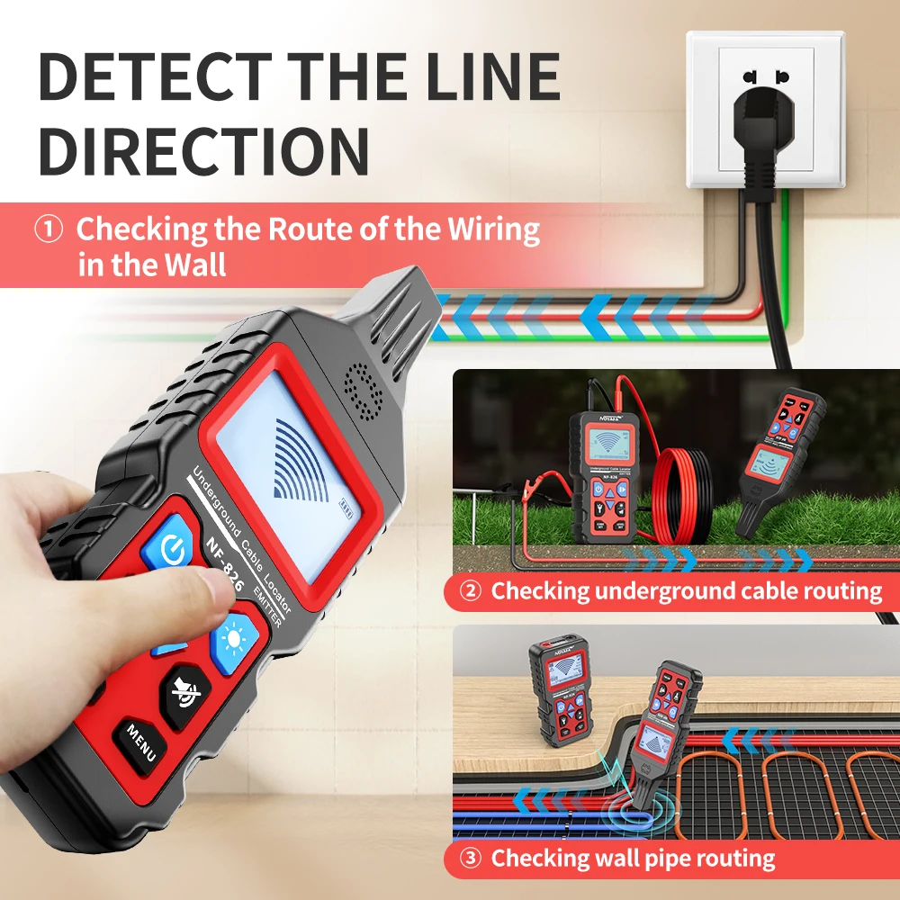 NOYAFA-NF-826 Metro Cable Tester, Wire Tracker, Wall Detection, Linhas elétricas, Água e Gás Abastecimento, Pipeline Path