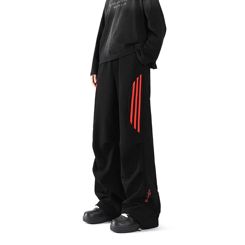 Korean Fashion Spring Autumn Preppy Pants Now Side Striped Casual Sweatpants Letter Printing Elastic Waist Wide Leg Trousers