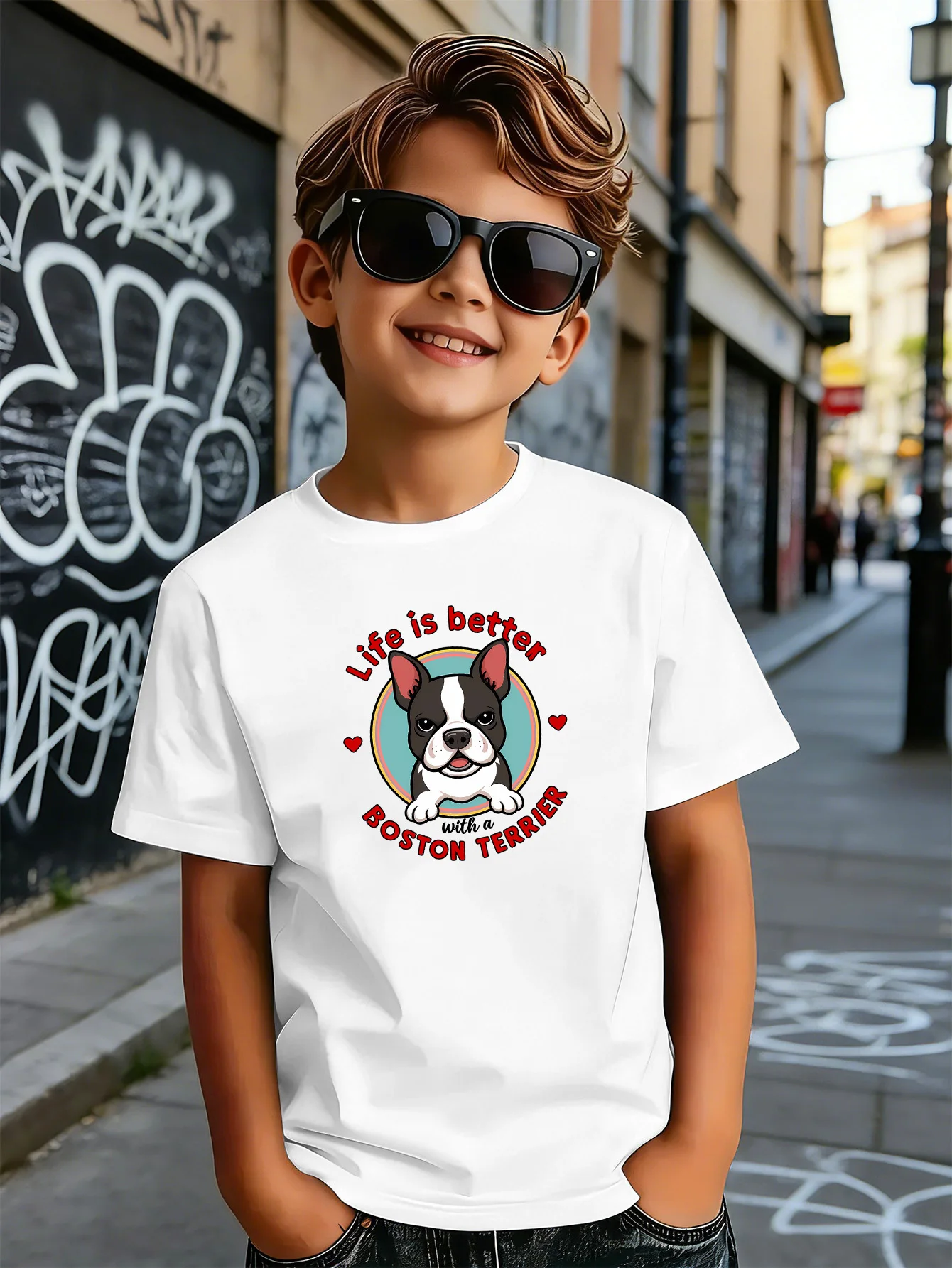 Boston Terrier Dog Slogan Print Kids T Shirt Boys Girls Parent Child Matching Soft Cotton Casual Short Sleeve Basic Daily Tees