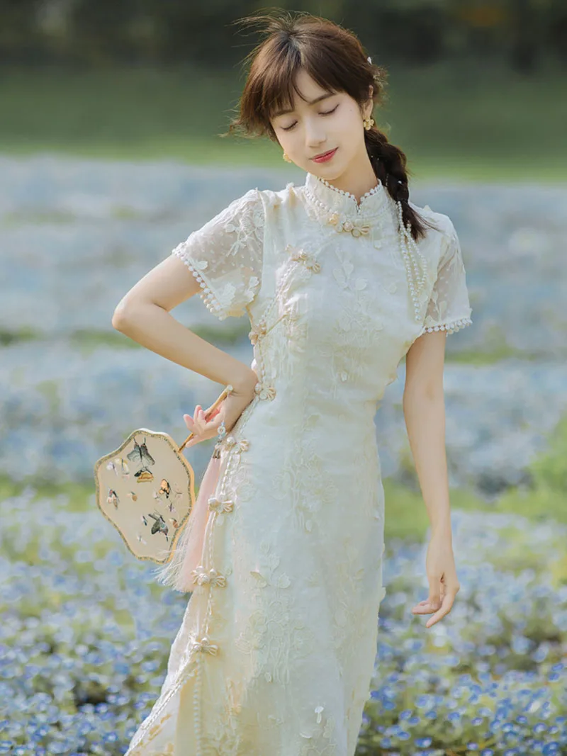 

2023 New Chinese Style Vintage Cheongsam Short Sleeve Women Summer Dress Beige Slim Costumes Elegant Qipao S To XXL