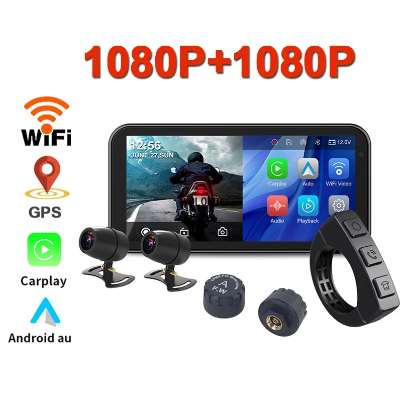 

6.25 inch IP67 Waterproof Motorcycle DVRS Dual 1080P Wireless Carplay Android Auto DVR Drive Recorder Motor Monitor WIFI TPMS