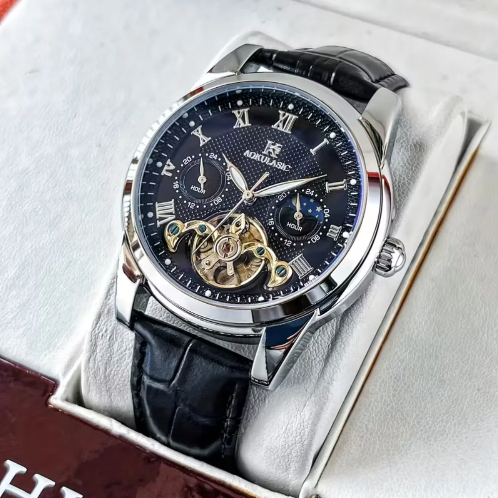 

Роскошные автоматические механические часы с турбийоном для мужчин — модный и универсальный повседневный стиль — легкий роскошный элитный день, месяц, звезда, 24-часовая функция — деловой стиль — подарок на День святого Валентина, элегантный дизайн, мужск