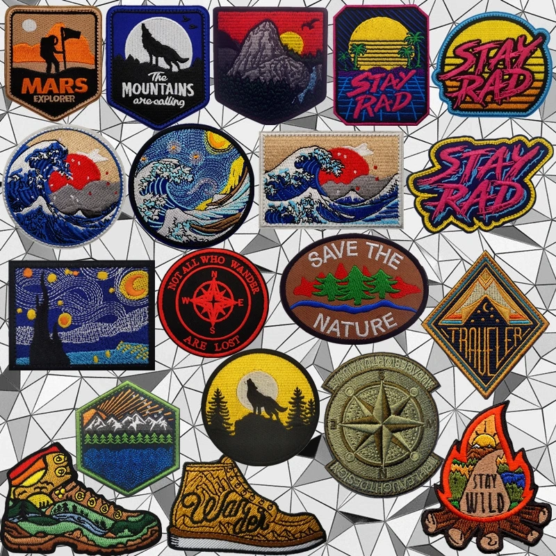 STAY RAD Landscape Patch Exploration Camping Compass Ukiyo-e Tactical Morale Badge Embroidered HookLoop Patches Backpack Sticker