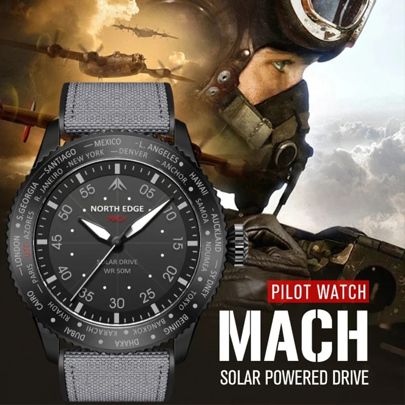 NORTH EDGE MACH Solar Power Pilot Series Quartz Wristwatches Swimming Mens Watch Sports Luminous 50M Waterproof Watches for Man