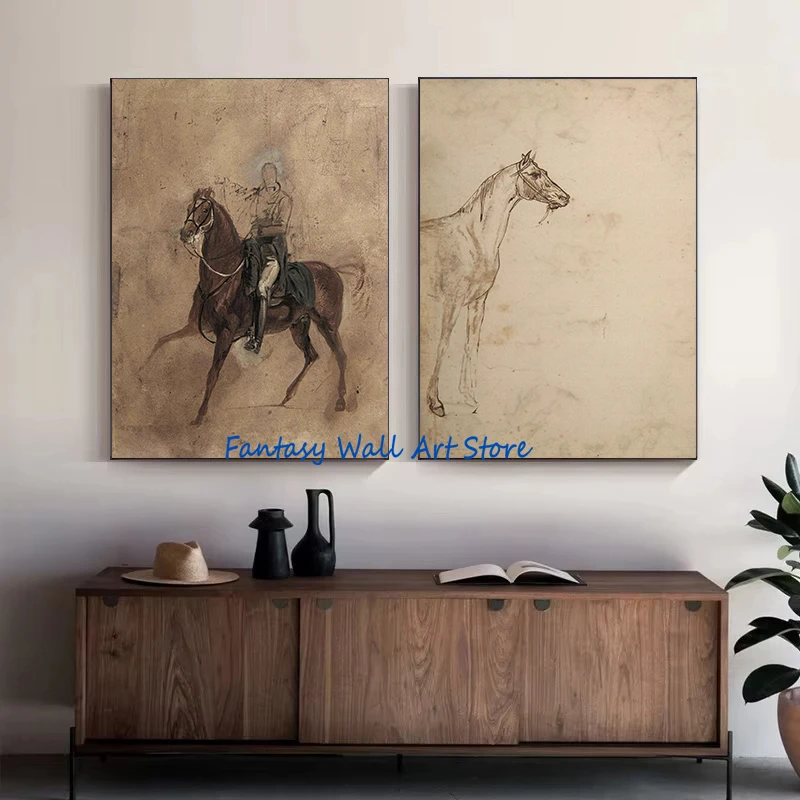 Vintage Horse Art Vintage Style Oil Painting Rustic Farmhouse Horse Race Sketch Retro Fine Art Poster Canvas Painting Wall Decor