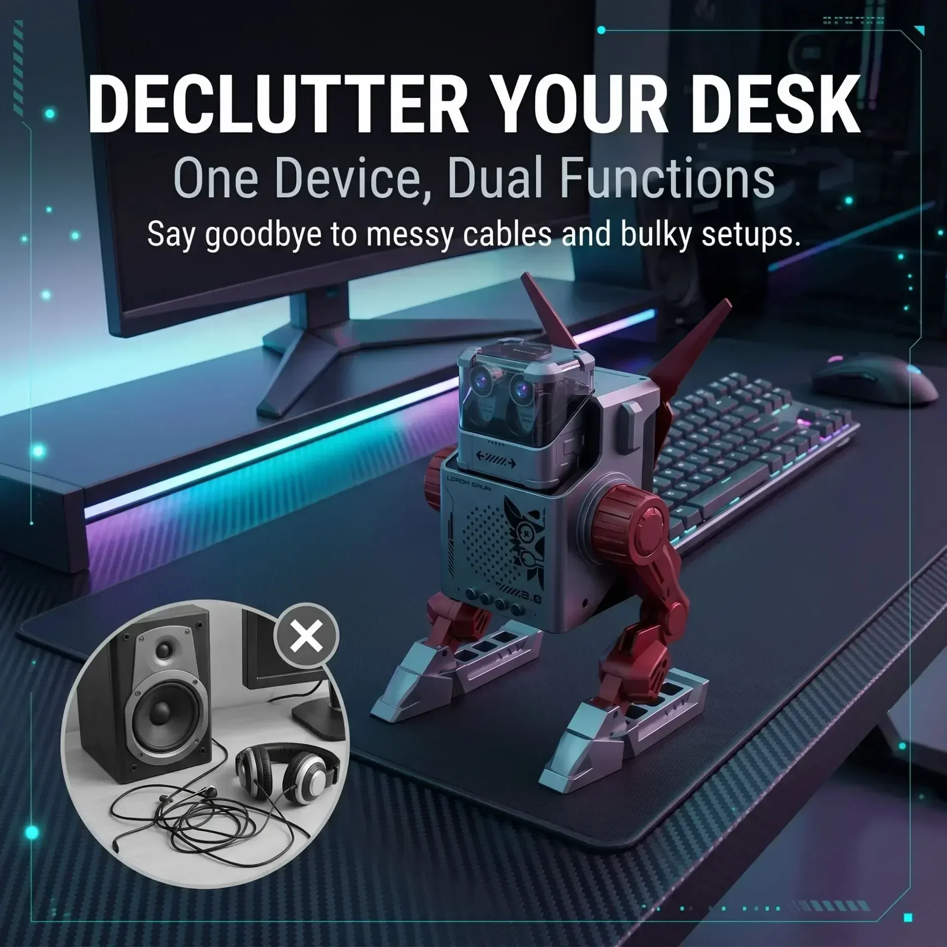 Trendy Mecha Robot Bluetooth Speaker & Headphone All-in-One, Cyberpunk Style TWS Wireless Desktop Headset