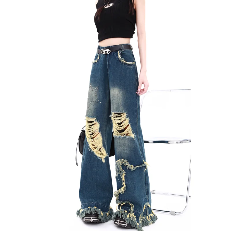 Y2K Blue Stars Jeans for Women Dilapidated High Waist American Street Wide Leg Pants Hip Hop Vintage Straight Summer Trousers