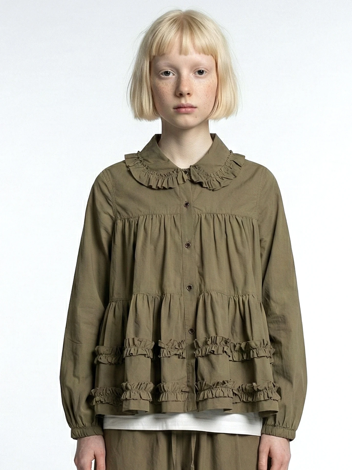 

imakokoni2026 Оригинальная весенняя хлопковая свободная универсальная блузка с длинными рукавами для женщин, ретро-рубашка цвета хаки 255347