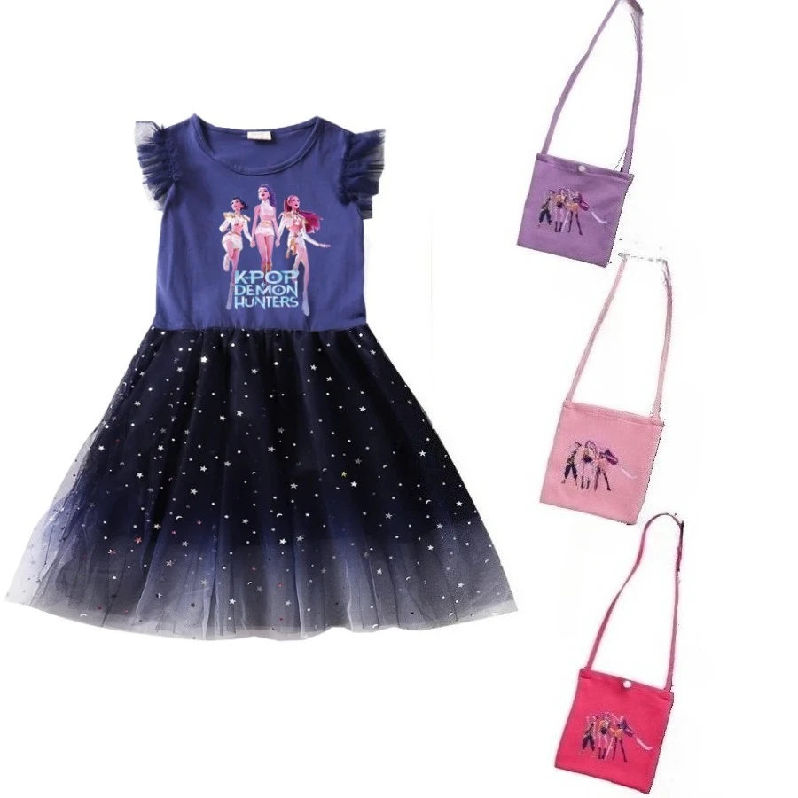 

Kpop Demon Hunter Clothes Kid dress with Headwear Dress Up Baby Girls Lace Dress with Small Bag Children Wedding Party Vestidos