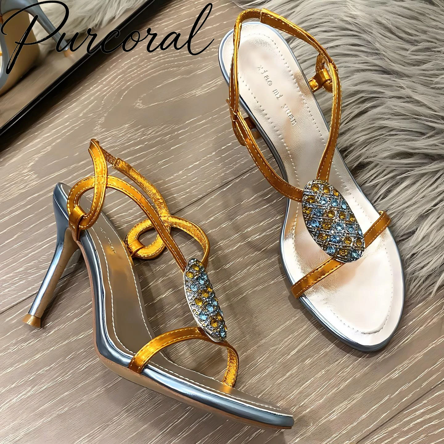 Purcoral 2026 New Crystal Rhinestone High Heel Sandals Women Open Toe Stiletto Heels Party Wedding Dress Shoes Random Free Gift