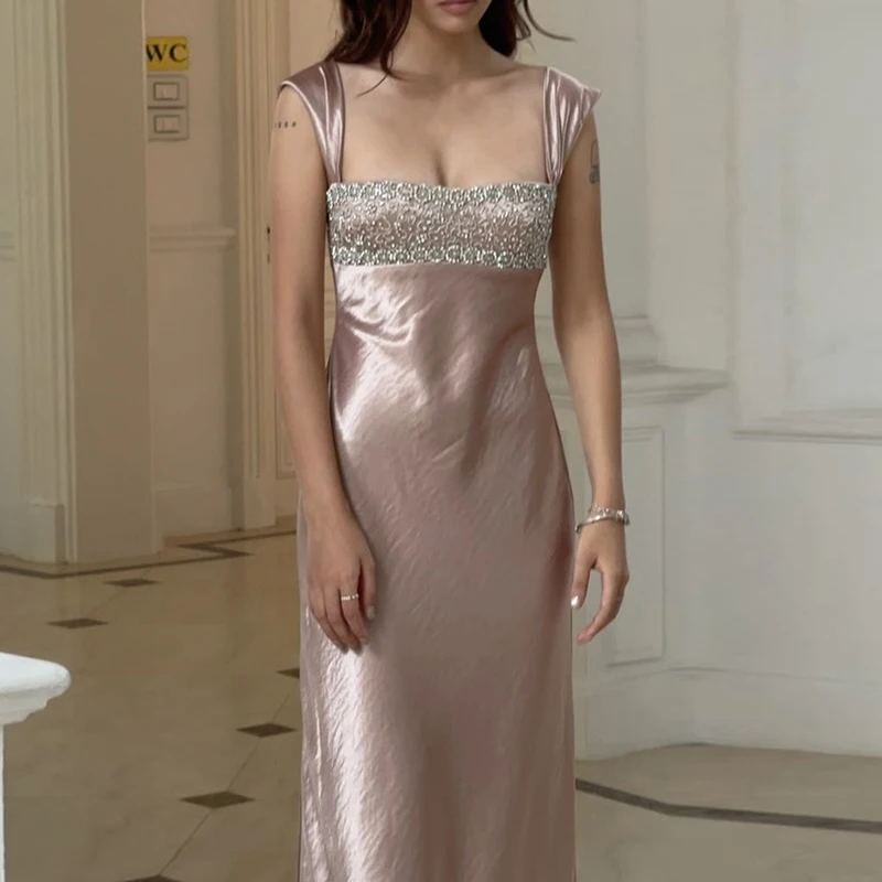 ชุดเดรสราตรีผ้าซาตินประดับคริสตัล ทรงเข้ารูป สายคล้องคอ ไม่มีแขน เอวสูง แฟชั่นใหม่สำหรับงานเลี้ยงฤดูร้อน