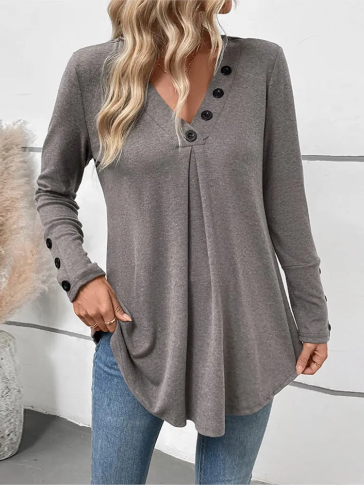 

Women's Clothing Casual Top V-neck Solid Color Long Sleeve T-shirt Simple Style Blusas Solid Color Buttons Commuting All-match
