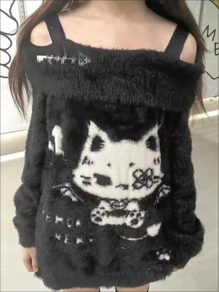 Sweet Y2K Goth Off Shoulder Fold Over Collar Knit Sweater Women Devil Cat Print Fuzzy Lace Trim Loose Fit Casual Party Outfit