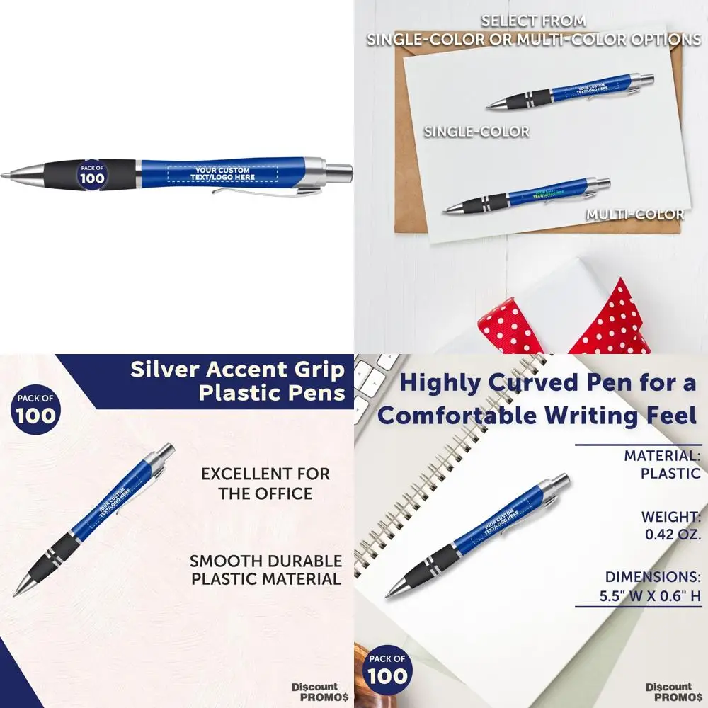 

Customizable Personalized Silver Accent Grip Pens - 100 Pack - Plastic - Blue Ink - Custom Text and Logo Options