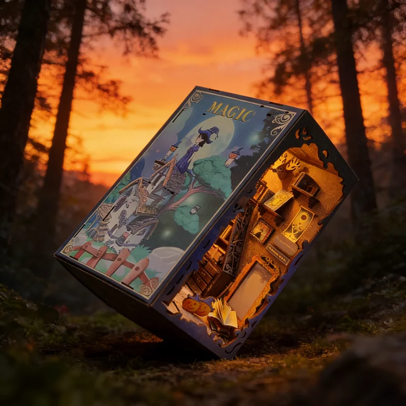 OUZEY Mystical Library Bookend DIY, 3D Wooden Spell School with Auto-Light, Creative Study Model for Teens