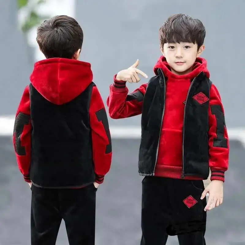 2023 Winter Boys Tracksuit Autumn Toddler Teenager Clothes Tiger Velvet Jacket + Sweater + Pant Children Kids 8 9 10 11 12 Year