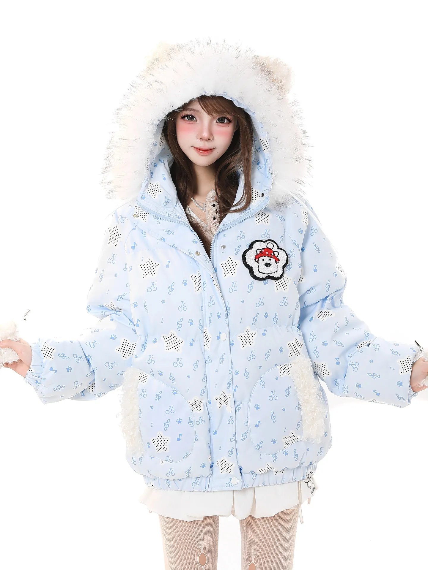 Sweet Cartoon Thickened Hooded Cotton Jacket Women's Loose Casual Warm Winter Coat Cute Plush Ear Hat Zipper Closure Long Sleeve
