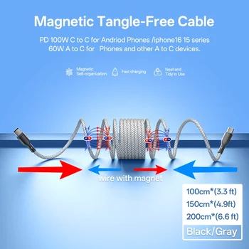 100W/60W 磁吸式螺旋線纜 USB Type-C 車用彈性編織線 6A 線,適用於 iPhone 17/16、三星 S25/S24、小米 iPad 8 最佳銷售 磁吸式 USB-C 連接線 - №6
