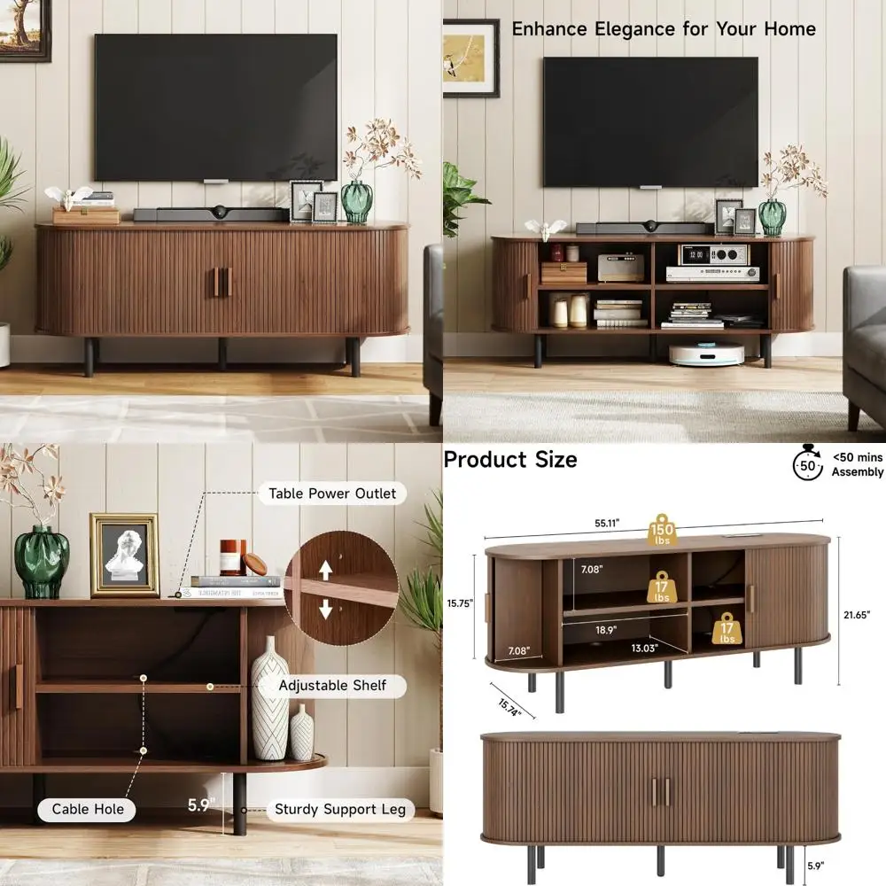 Modern 60 Inch TV Stand with Power Outlet, Entertainment Center featuring Storage and Adjustable Shelves, Sleek Media Console