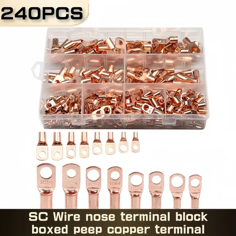 

240PCS SC Type Wire Nose Terminal Bare Copper Battery Block Lugs SC6 SC10 SC16 SC25 Crimp Wire Connector Cable Lug Kit