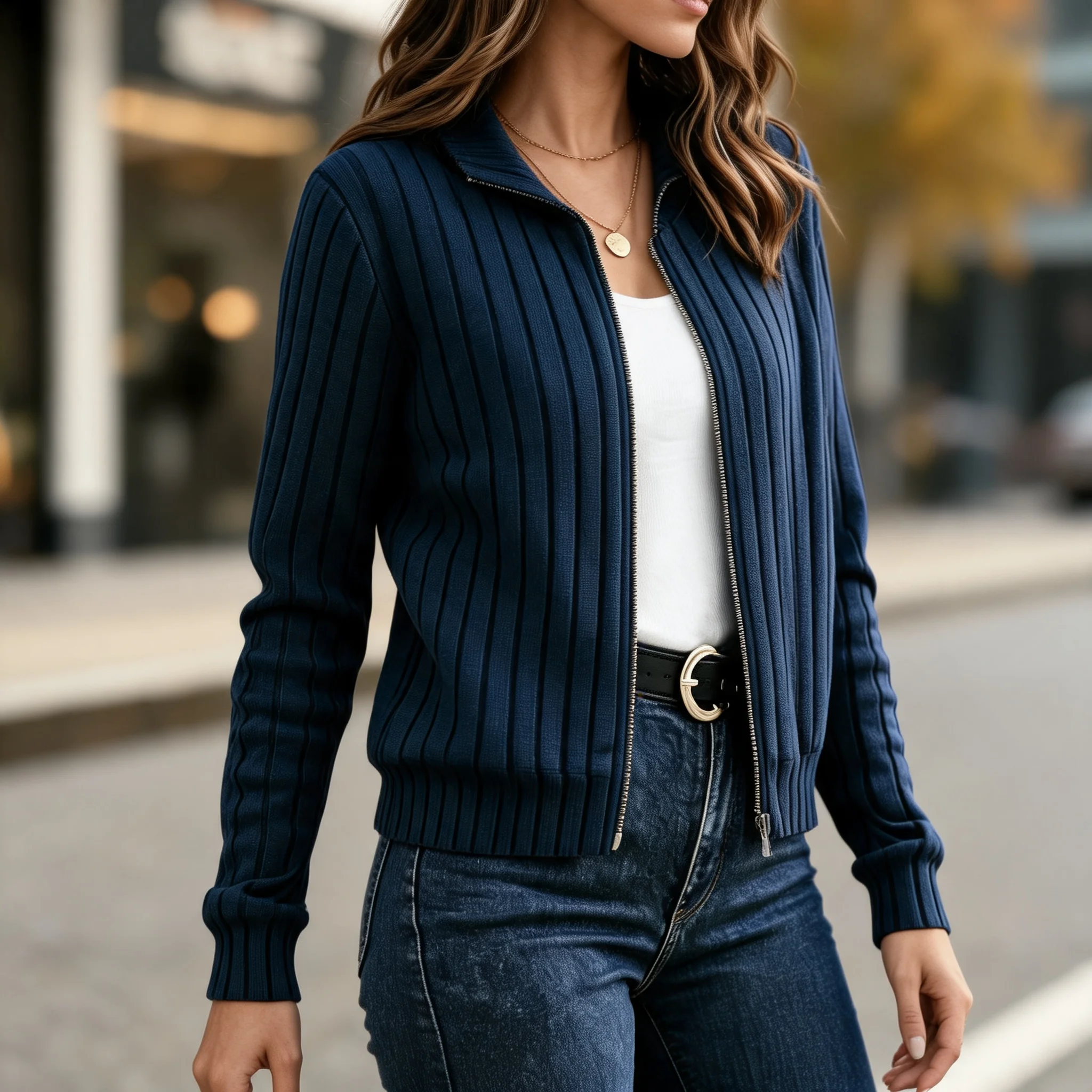 Zipper Long Sleeve Jacket Regular Fit Graceful Commuter with Elegant Autumn Women Jacket No Hood Ribbed Pattern Half Open Collar