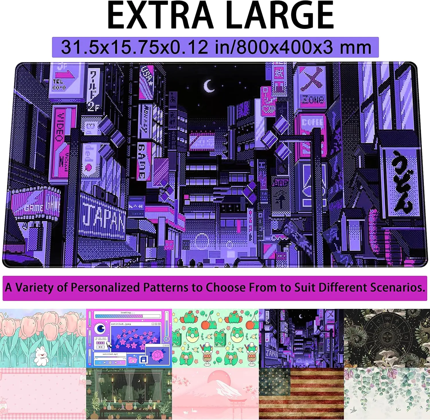 Tokyo Street Purple Neon Pixel Mouse Pad – Retro Japanese Anime Desk Mat for Gaming & Aesthetic Decor