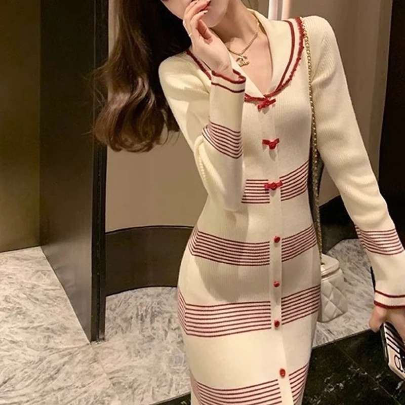 2024 Spring Autumn Women Fashion Striped Elegant Bodycon Ribbed Knitted Dresses Sexy Split Sweet Bow Chic Long Sleeve Midi Dress