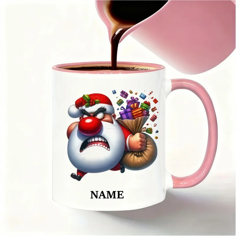 Customizable Name Mug - Quirky Contrast Christmas Design featuring an Angry Santa - Perfect Holiday Birthday Gift!