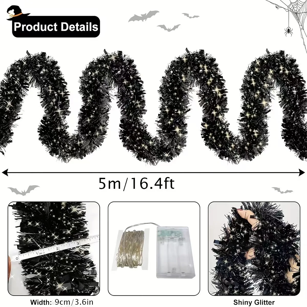 5M Festoon Christmas Garland Metallic Shiny Tinsel with LED Lights for Tree Decoration - Indoor Outdoor Xmas Party New Year 2025