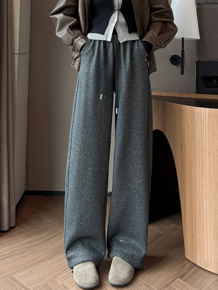 Calças Casuais Femininas de Cintura Alta com Forro, Corte Largura, Design Assimétrico, Corte Reto, Outono Inverno Novo