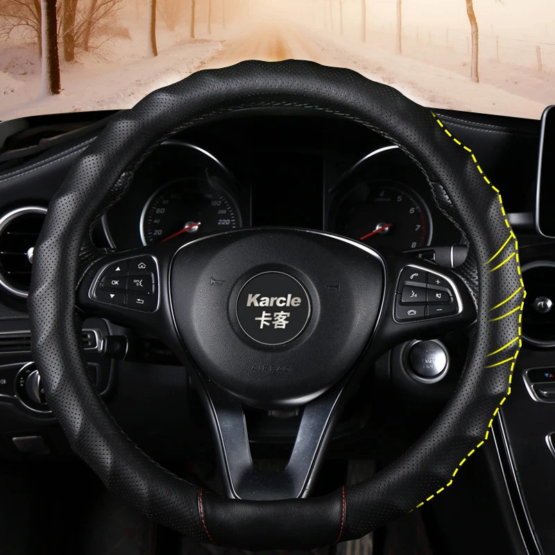 Karcle 3D PU Leather Steering Wheel Cover 15 Inch O/D Type Great Grip Anti-Slip Design Four Seasons Auto Car Protection