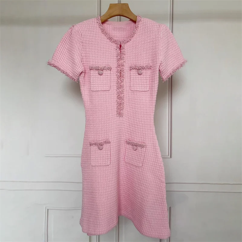 

Women's dress New handmade bead decoration short sleeved mini dress for summer 2025 Elastic knit short dresses y2k party dresses