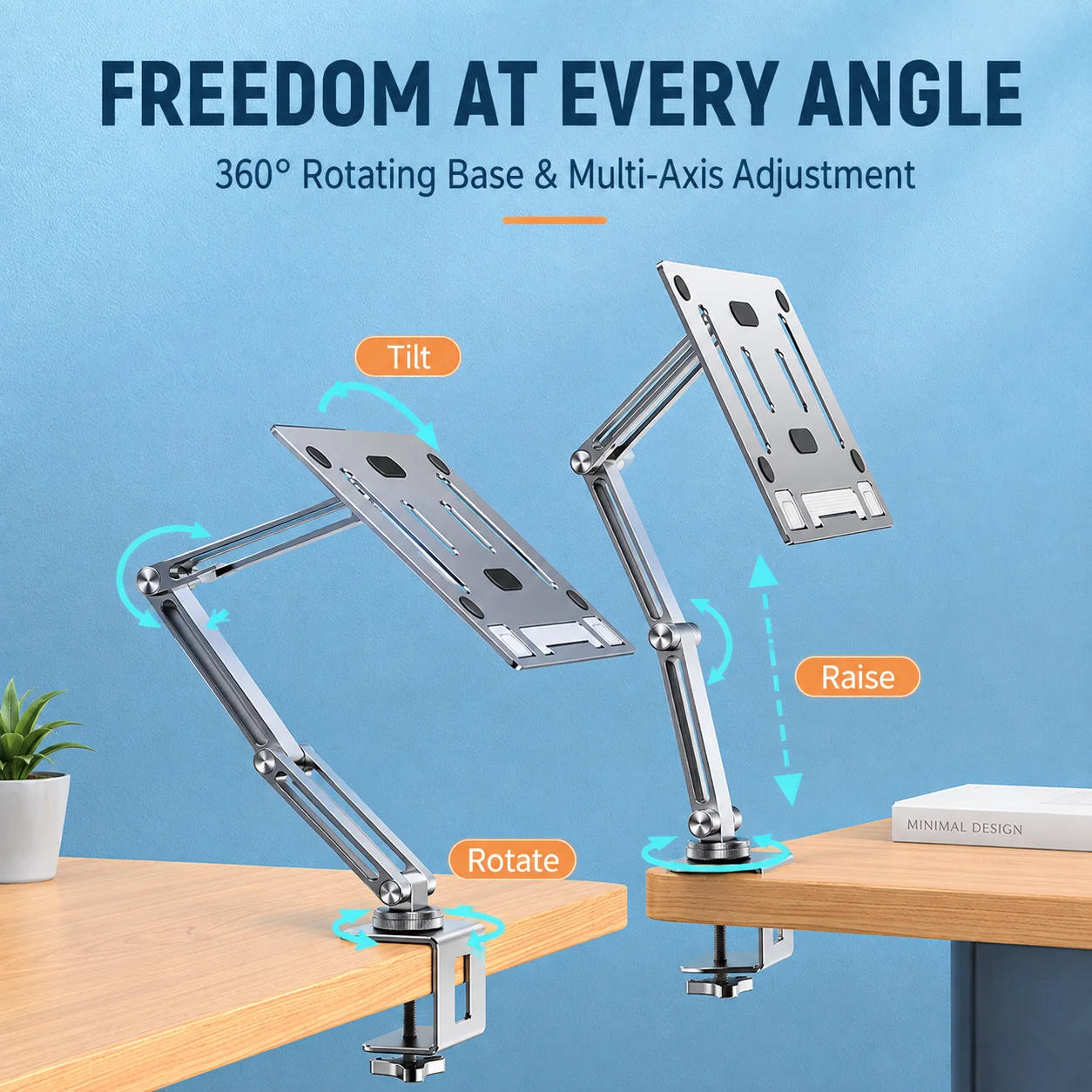360° Rotating Desk Stand, Adjustable Aluminum Laptop Tablet Book Holder with C-Clamp for Reading and Office