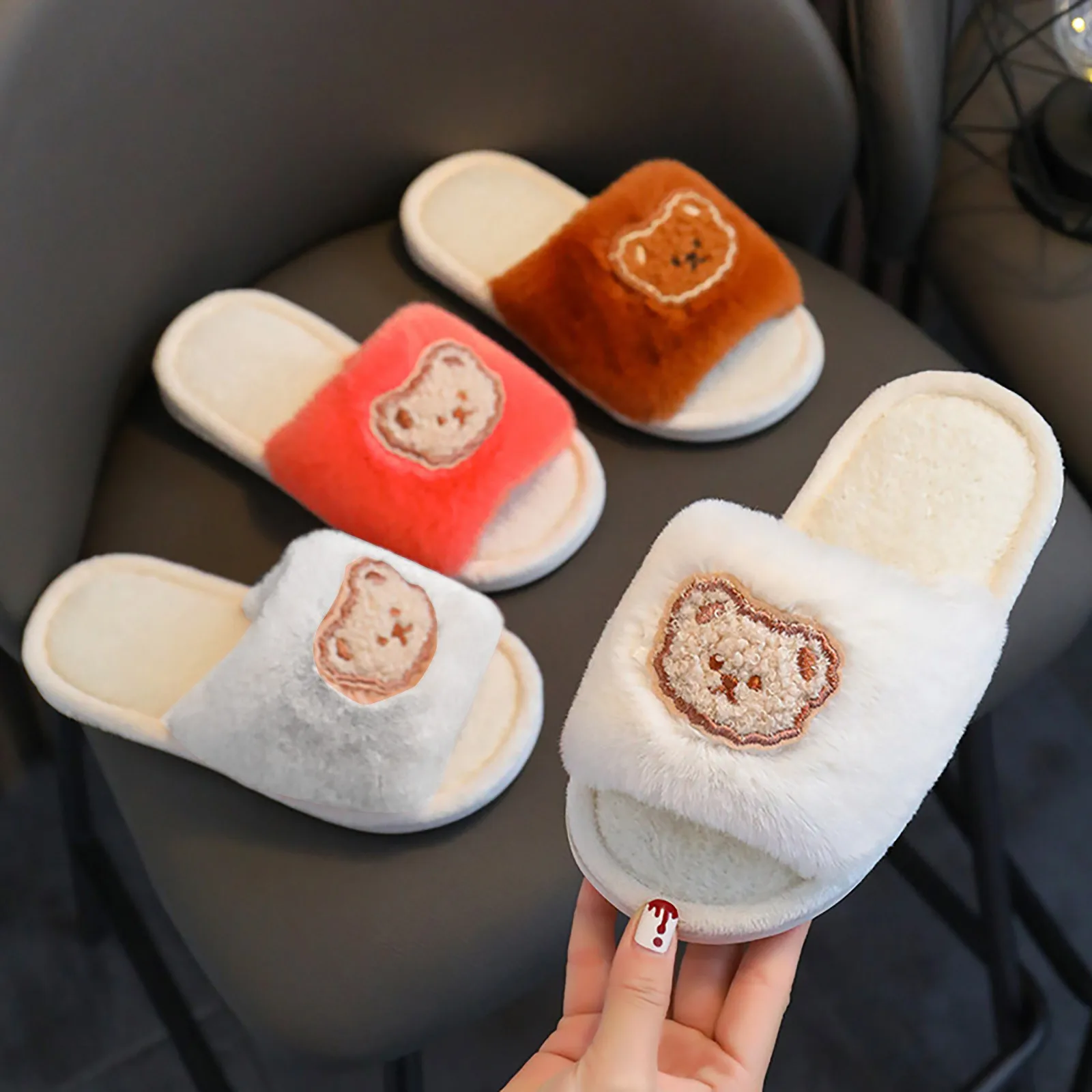 Winter Kids Plush Thick soled Slippers Children Cute Bear Indoor Slides Non-Slip Soft Mule Girls Boys Warm House Cotton Shoes