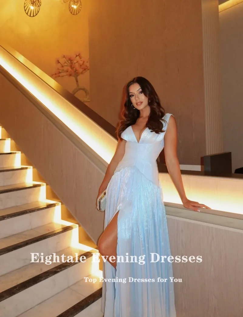 

Eightale арабское вечернее платье с v-образным вырезом и складками из крепа по индивидуальному заказу светло-голубое мусульманское платье русалки для выпускного вечера, свадебное платье