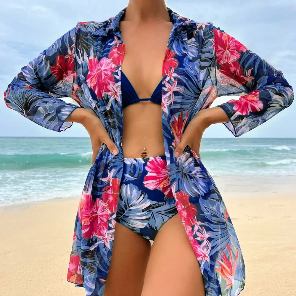 New High Waist Swimsuit Tropical Print Three Pieces Bikini for Women 2024 Cover Up Swimwear Brazilian Biquini Bathing Suit