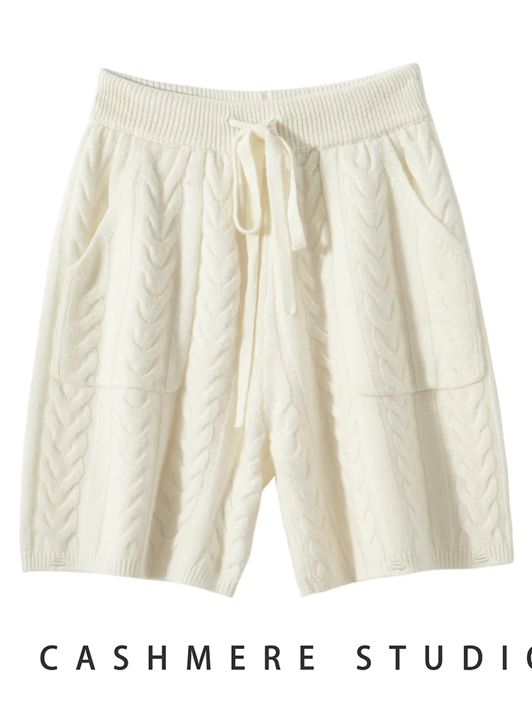 Spring Autumn Winter Women Pure Cashmere Shorts Elastic Waist Casual Straight Shorts 100% Cashmere Knitted Twist Short Pants