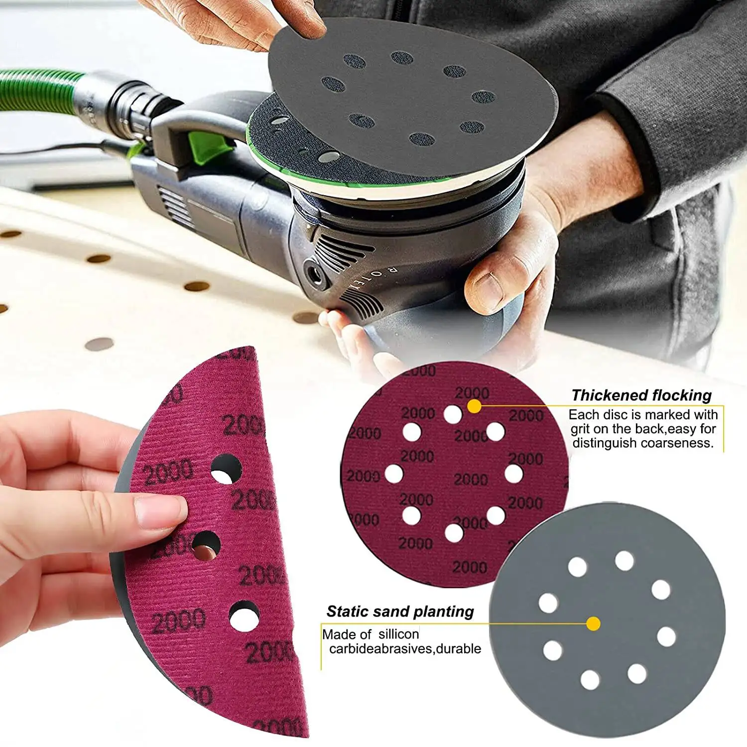 A36T-30Pcs 5-Inch Sanding Disc Sets, Hook&Loop 5-Inch 8-Hole Combination (800/1000/1500/2000/3000/5000) Sandpaper Mix Silicon Ca