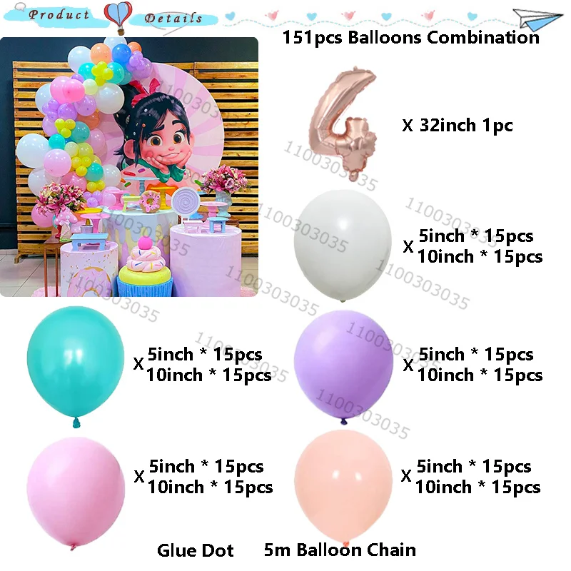 151pcs Wreck It Ralph Cartoon Vanellope Von Schweetz Theme Birthday Party Balloons Garland Kit Age 1-9 Foil Balloon Toys Globos