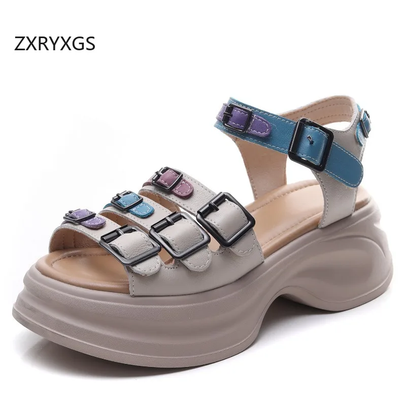 ZXRYXGS 2026 Summer Premium Cowhide Spell Colors Buckle Roman Sandals Platform Height Increasing Shoes Women High Heel Sandals