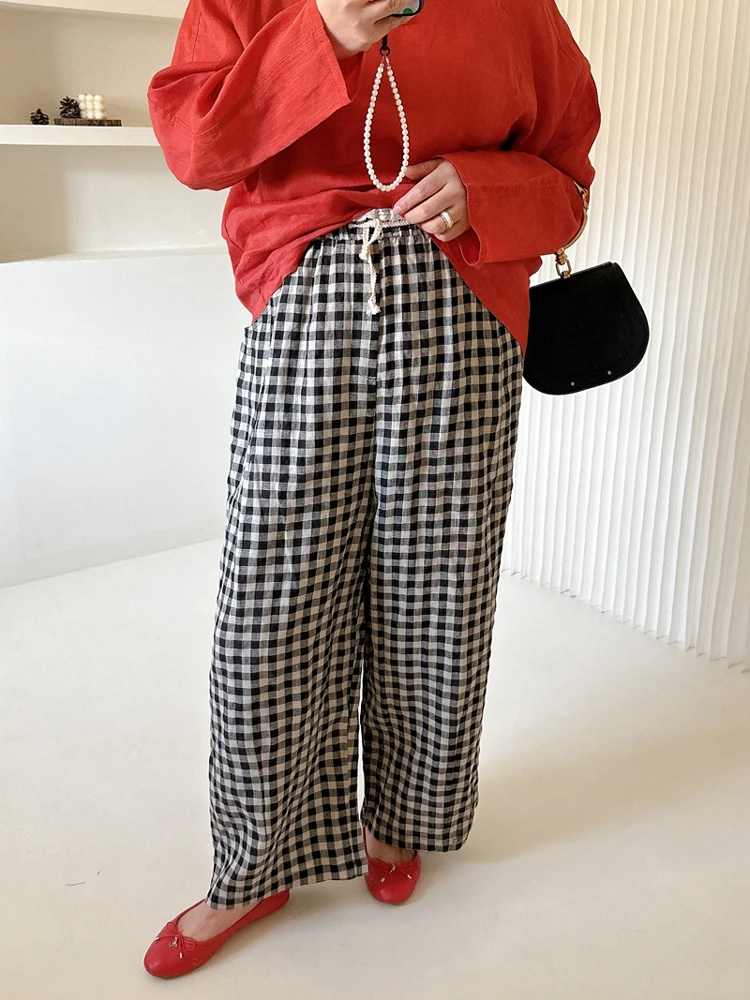 

Rose Sister plus Size Women's Wide Leg Pants Two Colors Lin Flax Casual Trousers Korean Sle Commute Pattern Loose Fit