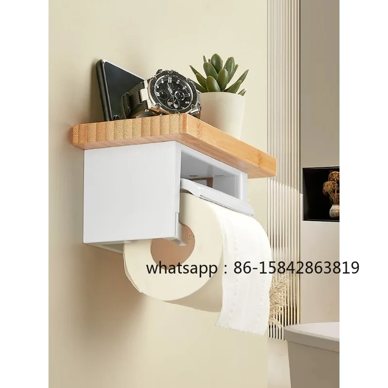 No-Drill Toilet Paper Holder, Japanese Style Solid Wood Wall Hanging Tissue Rack, Punch-Free Roll Holder for Bathroom Restroom